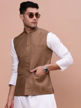 Men Solid Brown Slim Fit Nehru Jacket