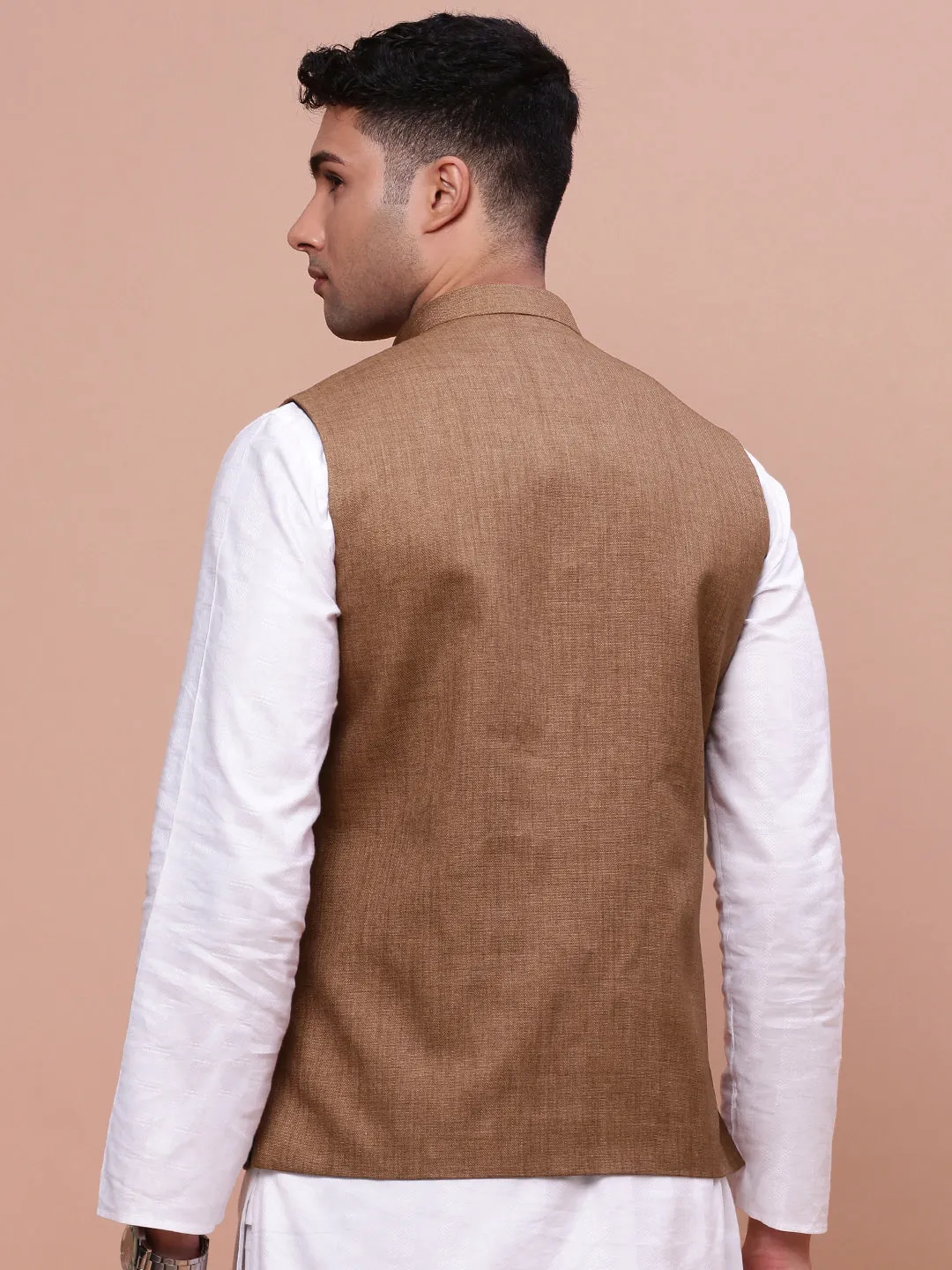 Men Solid Brown Slim Fit Nehru Jacket