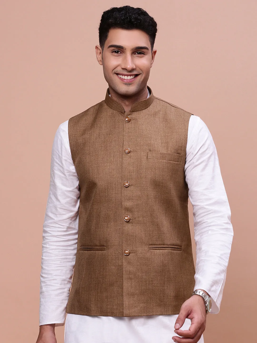 Men Solid Brown Slim Fit Nehru Jacket