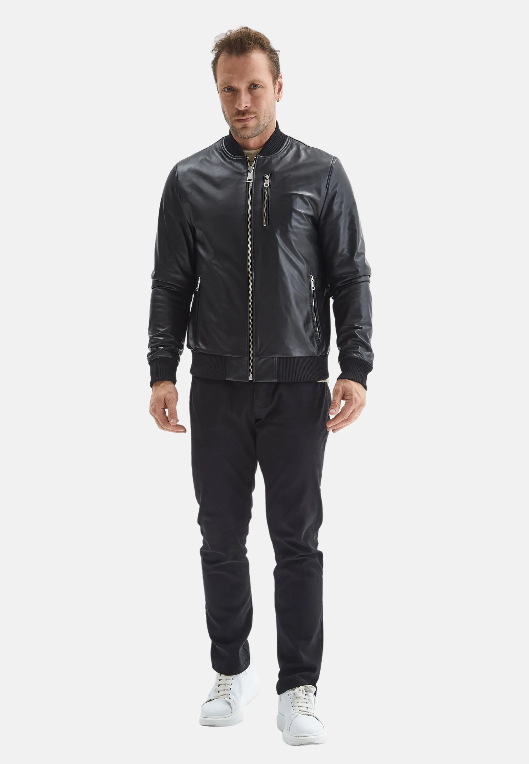 Men's Leather Bomber Jacket, Black