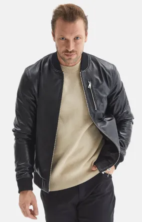 Men's Leather Bomber Jacket, Black