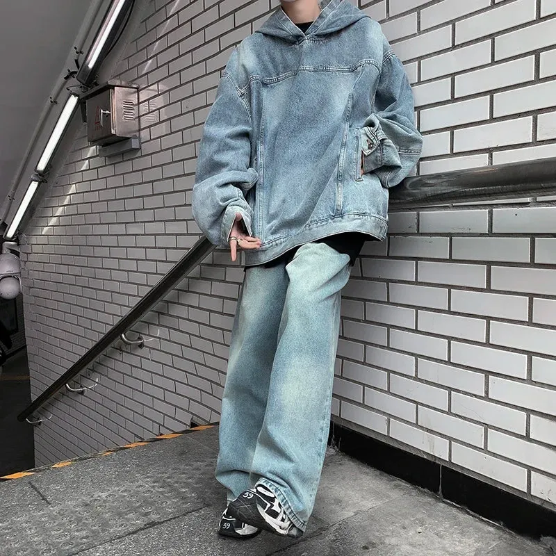 Men's Trendy Washed Denim Hoodie Set