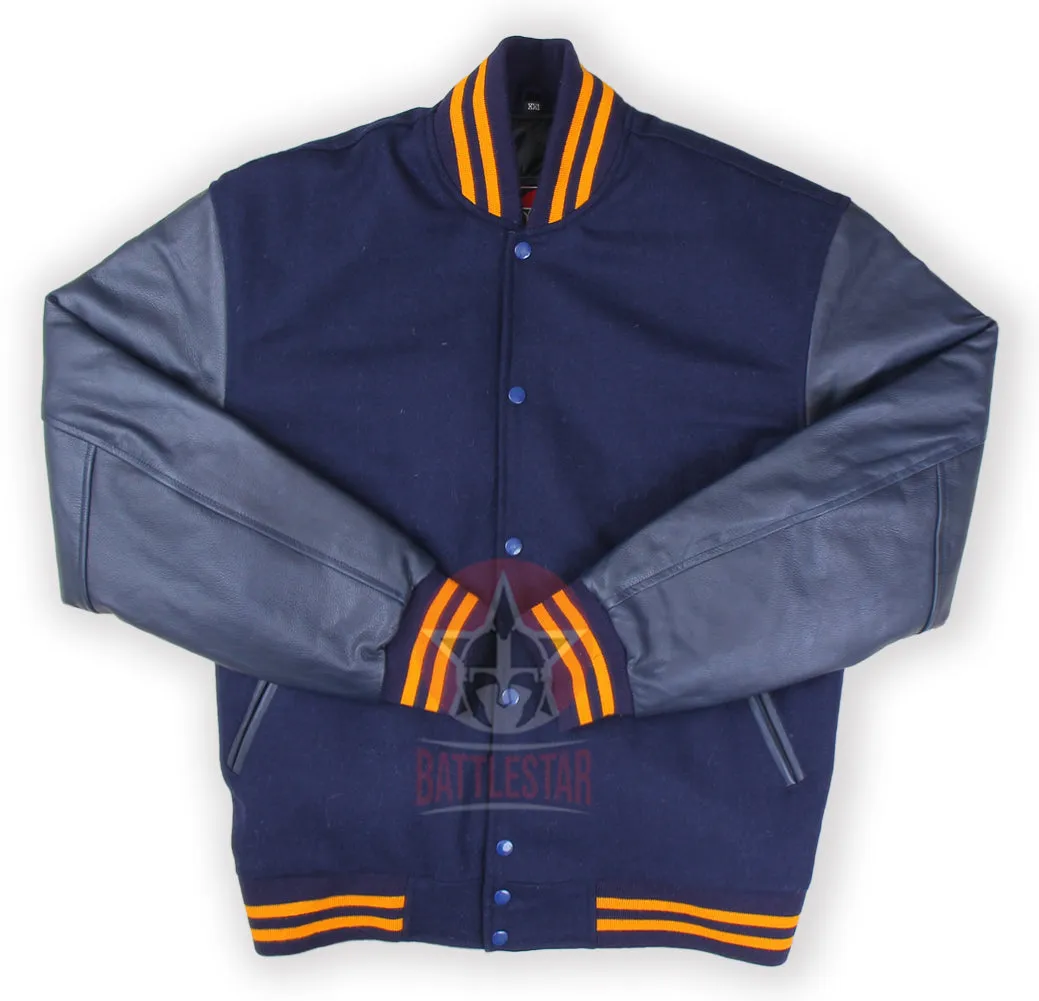 Navy Blue Wool and Leather Varsity  Baseball Jacket