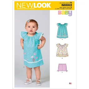 New Look Sewing Pattern N6663 Infants' Dress, Top With Appliques & Trims & Pants With Bows At Hem