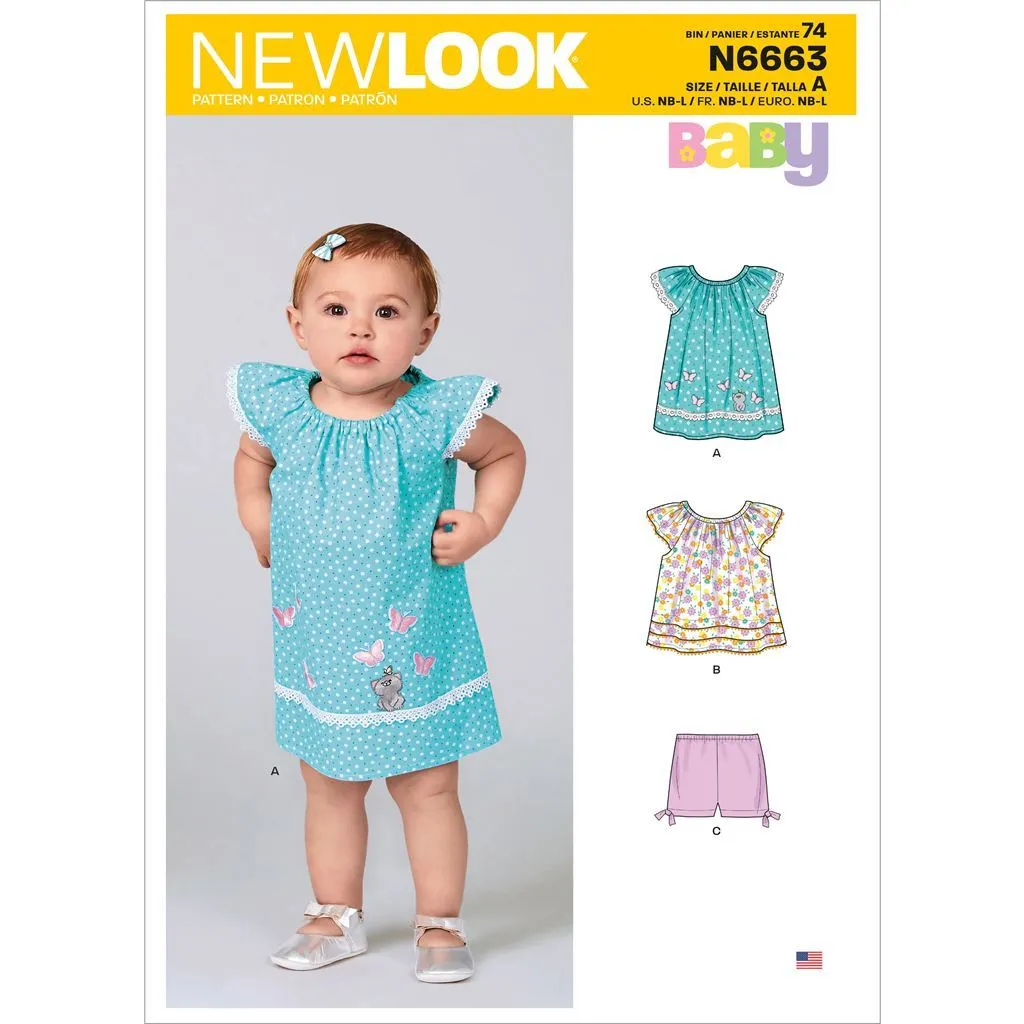 New Look Sewing Pattern N6663 Infants' Dress, Top With Appliques & Trims & Pants With Bows At Hem