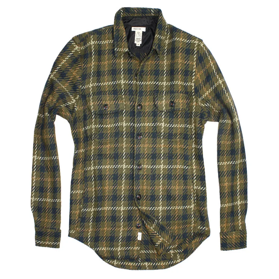 Olive "Anvil" 13oz Loose Weave Plaid Shirtjacket by Hiroshi Kato