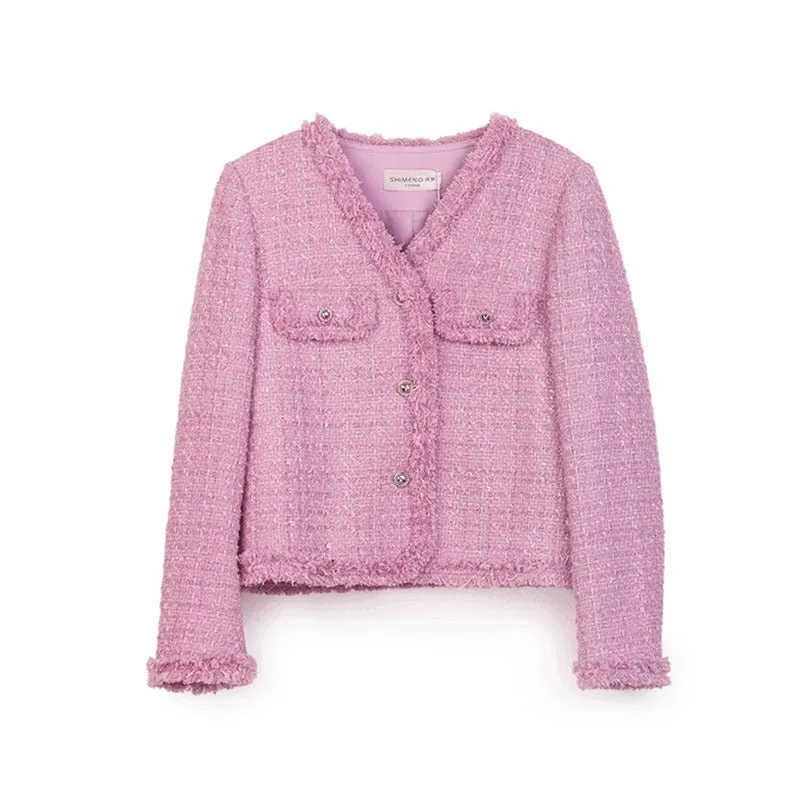 Pink Tweed V Neck Short Coats