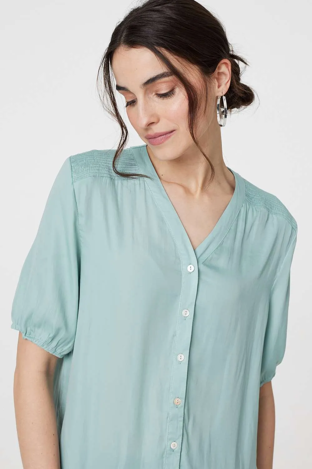 Plain V-Neck Puff 1/2 Sleeve Shirt