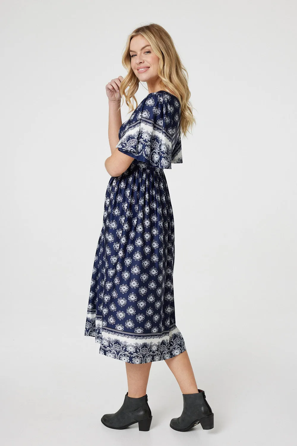 Printed 1/2 Batwing Sleeve Midi Dress