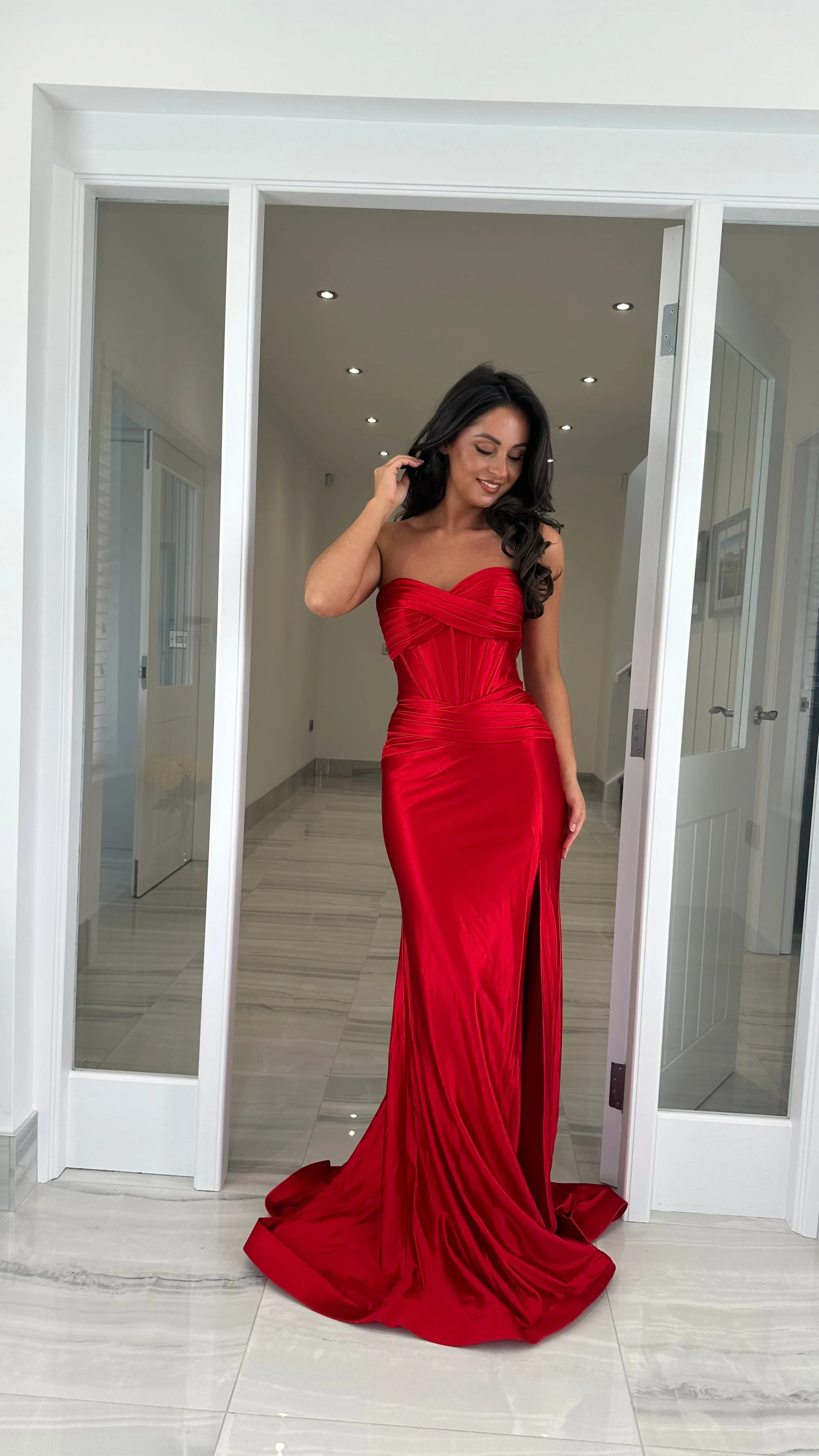 Red Strapless Sweetheart Satin Gown