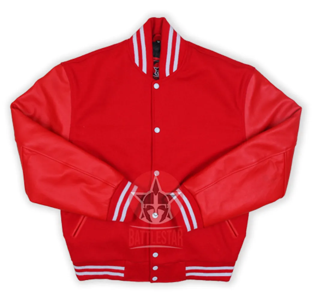 Red Wool & Leather Baseball Bomber Varsity Jacket