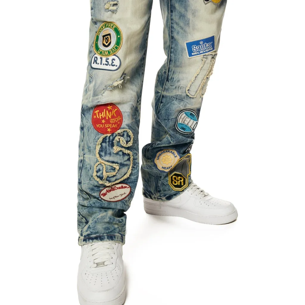 Retro Embroidered Multi Patched Jeans - Metro Blue