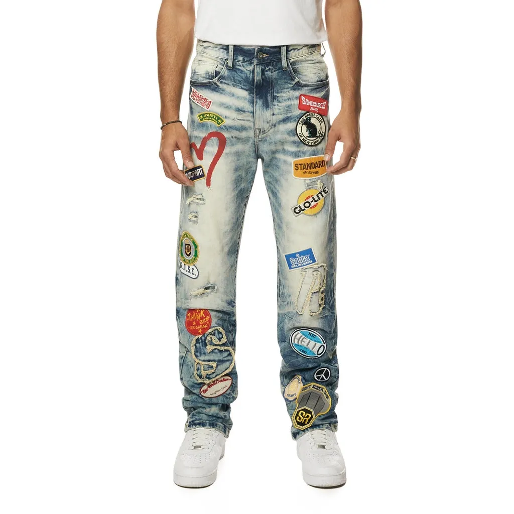 Retro Embroidered Multi Patched Jeans - Metro Blue