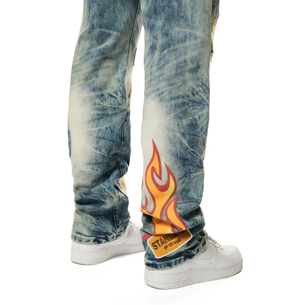 Retro Embroidered Multi Patched Jeans - Metro Blue