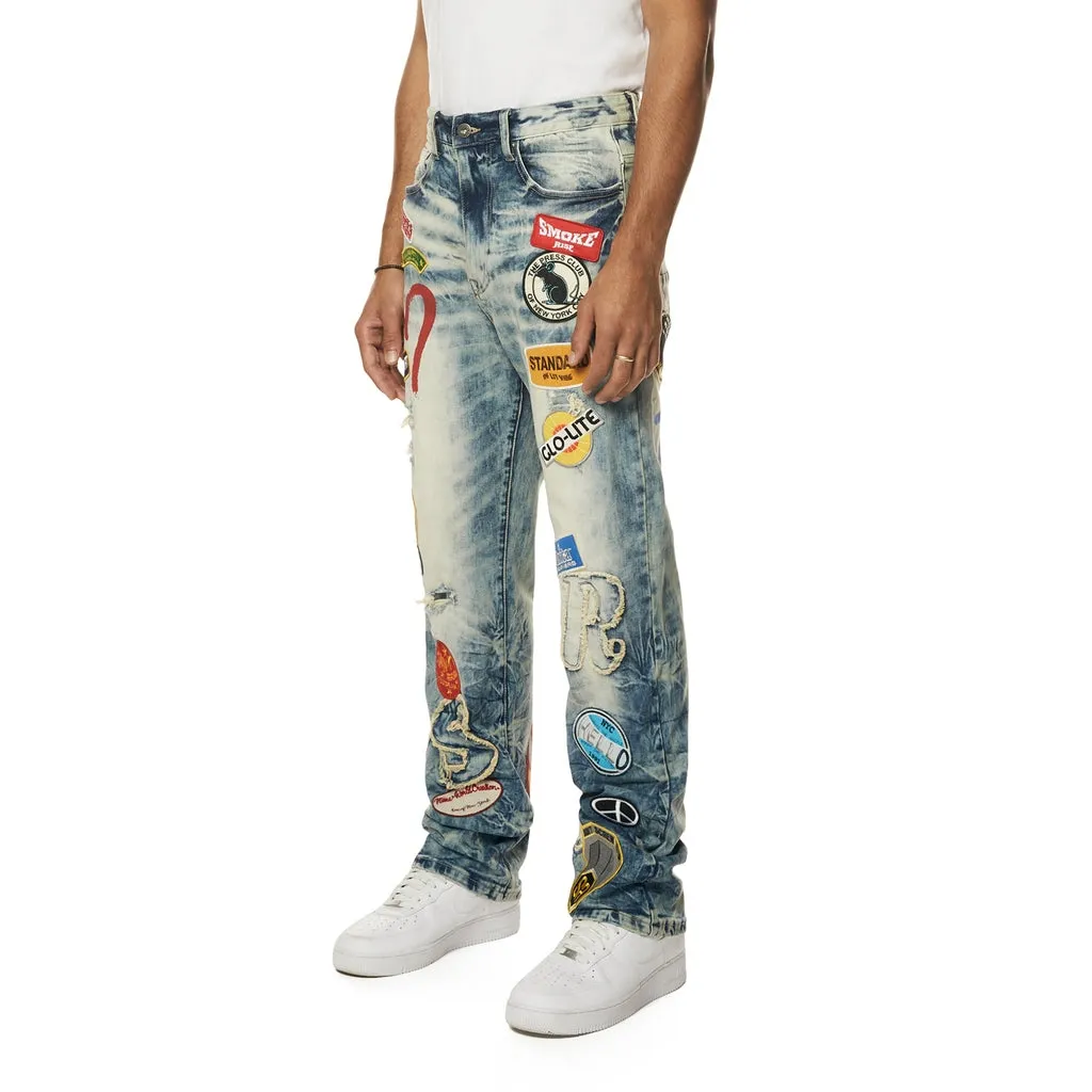 Retro Embroidered Multi Patched Jeans - Metro Blue