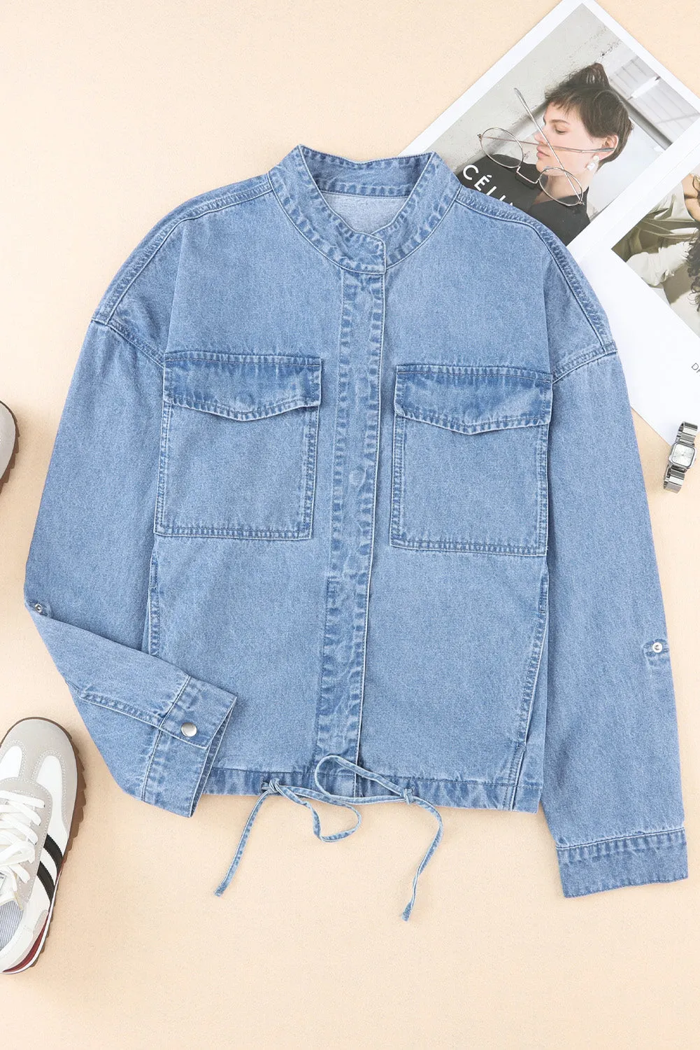 Roll-Up Tab Sleeve Button Down Pocket Denim Jacket