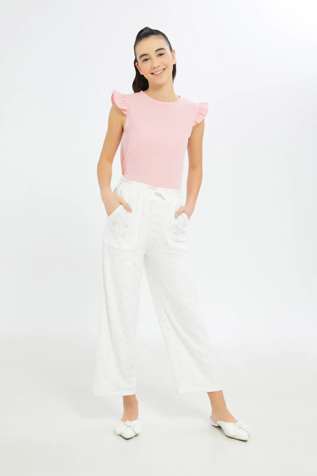 Senior Girls Pink Ruffled Sleeve Top