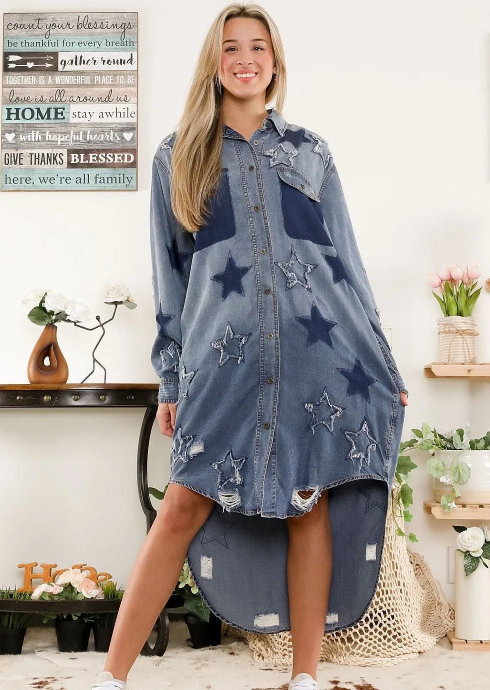 Star Patch Snap Front Shirt Dress #929