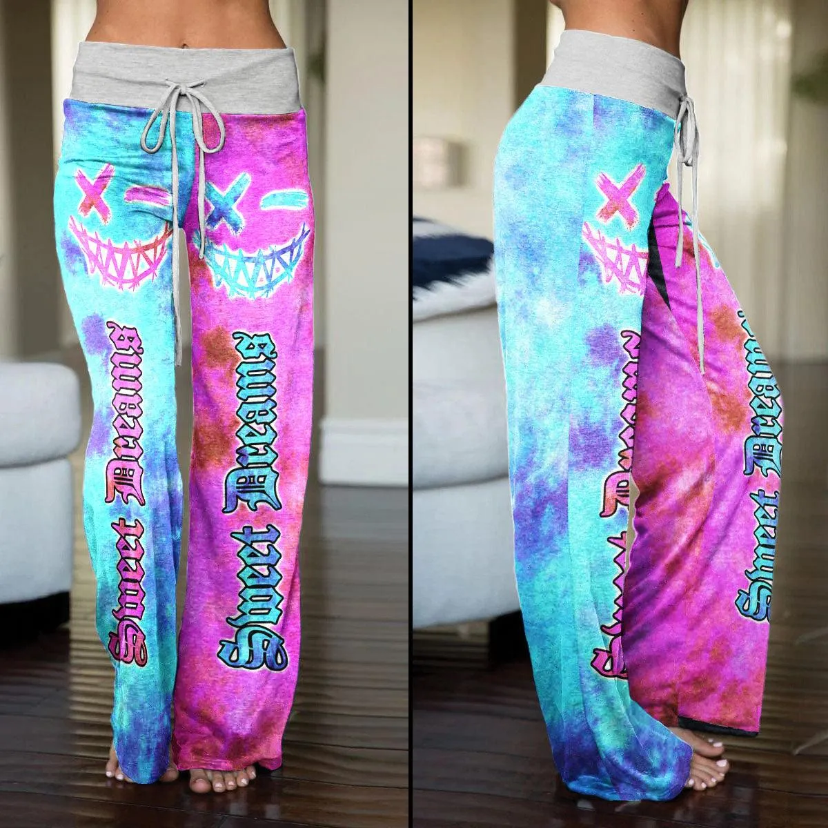 Sweet Dream Tiedye Half Cyan Pink High-waisted Wide Leg Pants