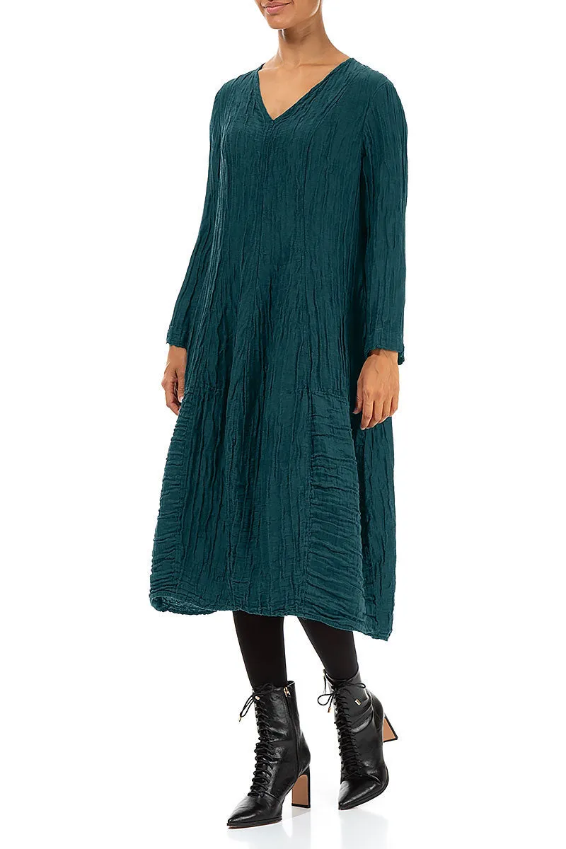 V-Neck Crinkled Dark Teal Silk Linen Dress