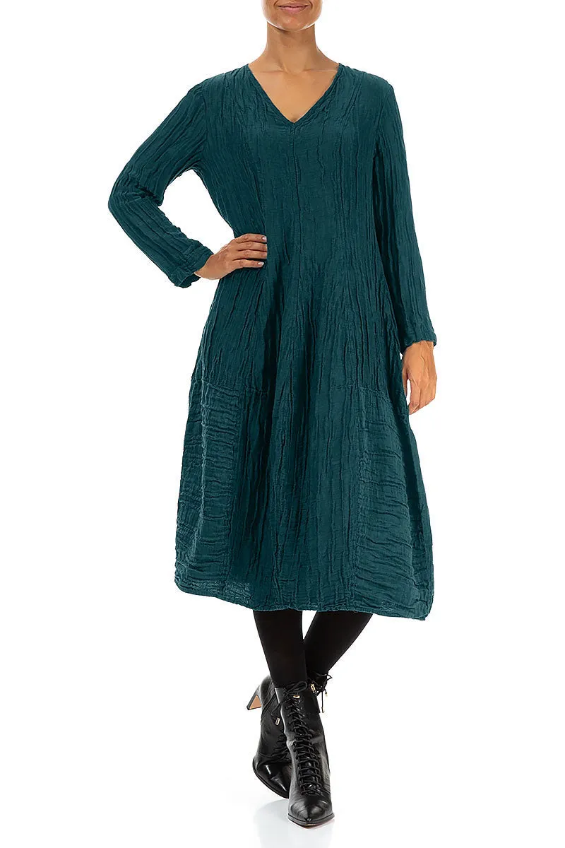 V-Neck Crinkled Dark Teal Silk Linen Dress