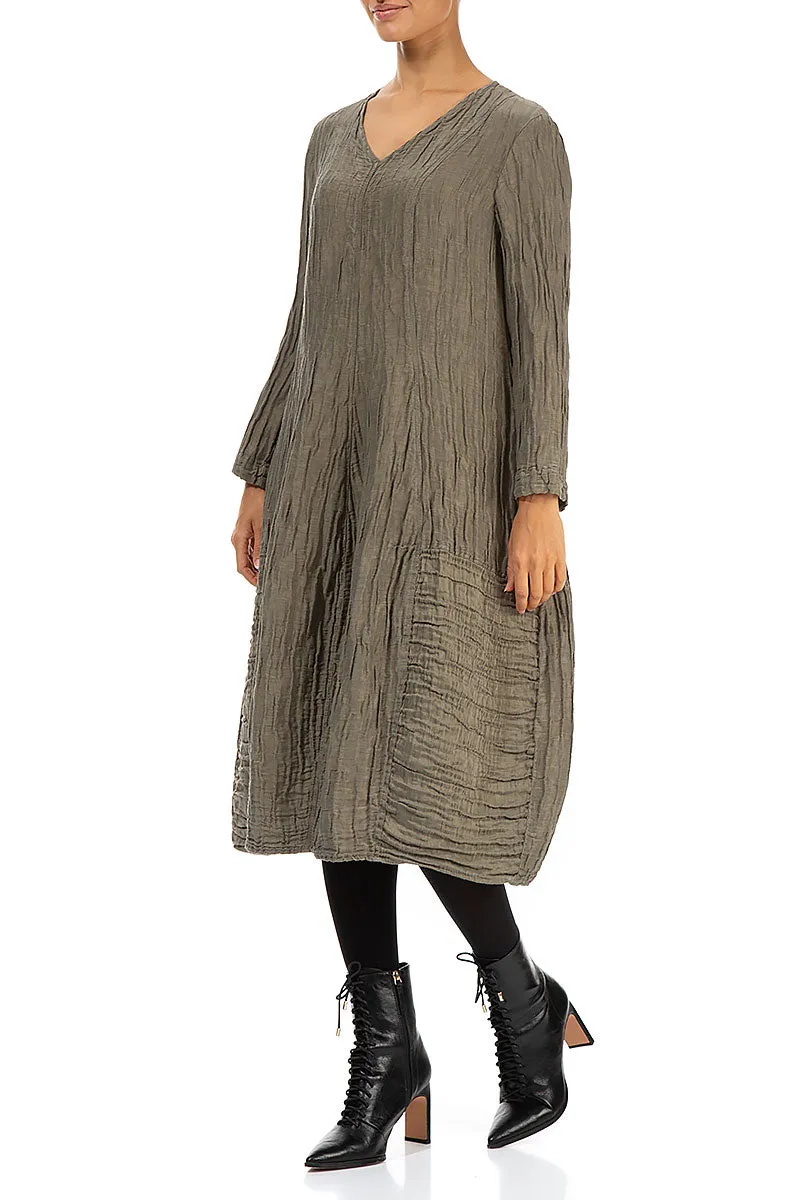 V-Neck Crinkled Silver Sage Silk Linen Dress