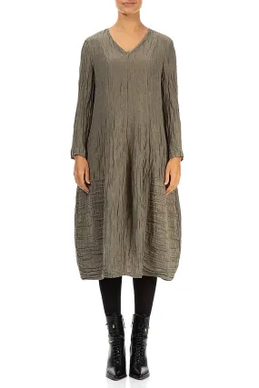 V-Neck Crinkled Silver Sage Silk Linen Dress