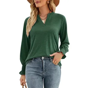 V-Neck Pullover Womens Blouses Casual Puff Sleeve T-Shirts