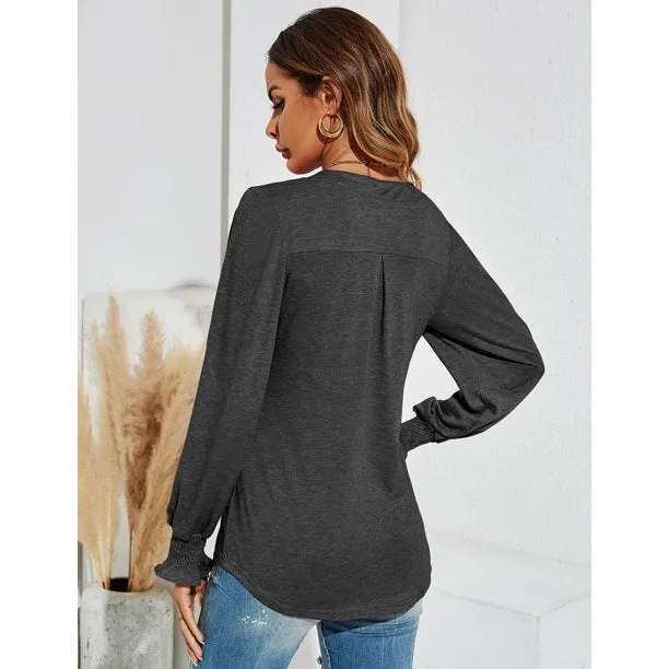 V-Neck Pullover Womens Blouses Casual Puff Sleeve T-Shirts