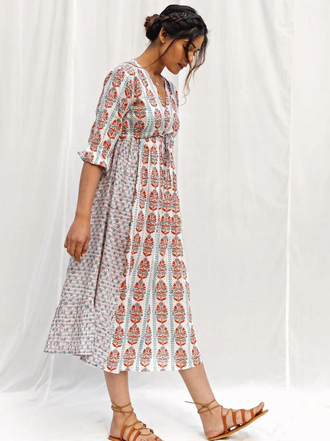 White Handblock Print Long Cotton Midi Sunday Dress