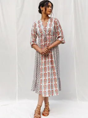 White Handblock Print Long Cotton Midi Sunday Dress