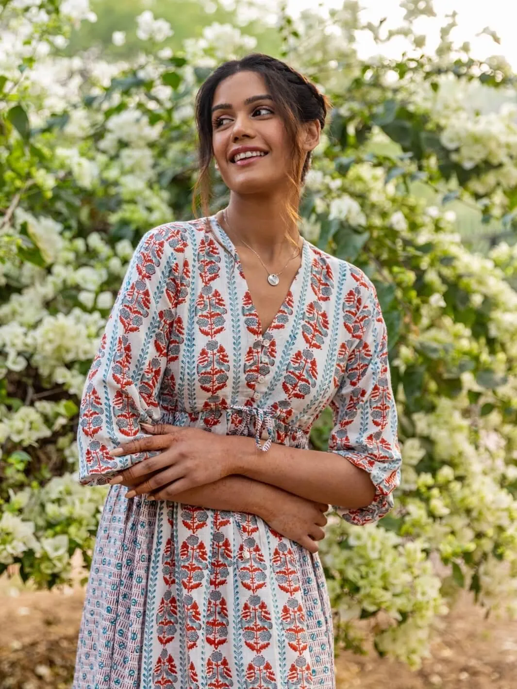 White Handblock Print Long Cotton Midi Sunday Dress