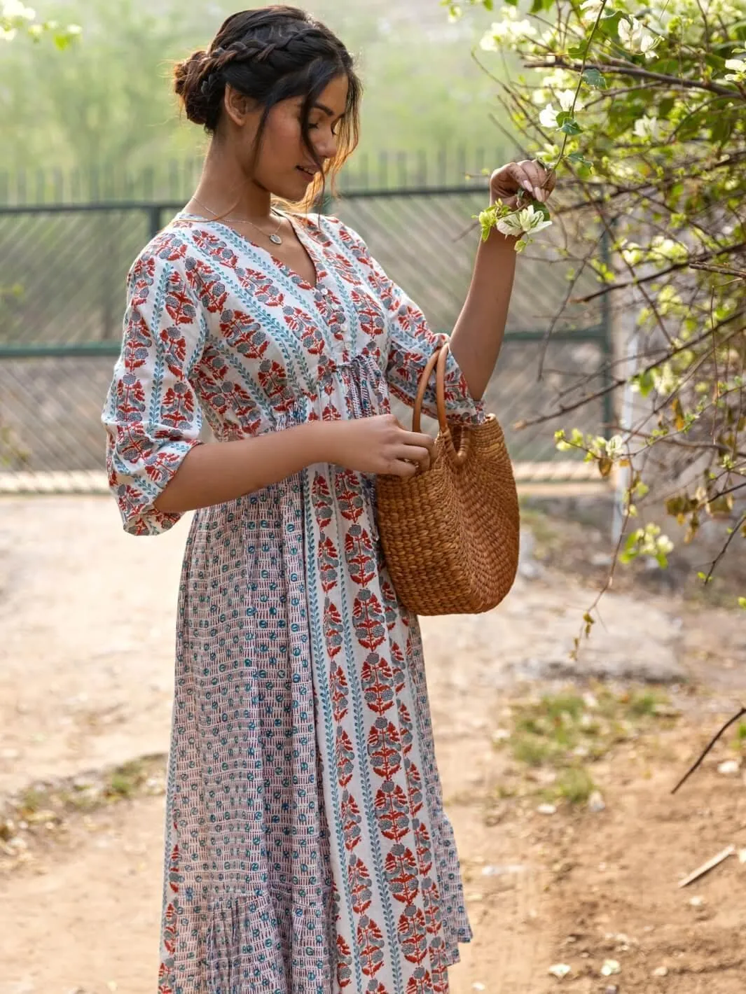 White Handblock Print Long Cotton Midi Sunday Dress