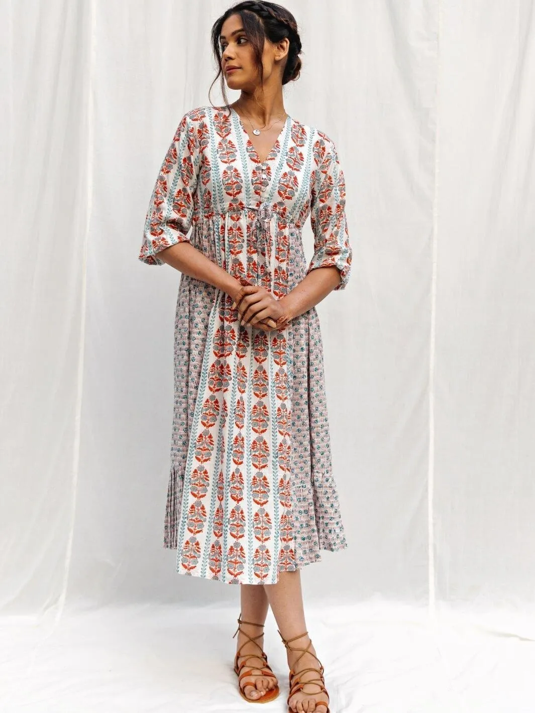 White Handblock Print Long Cotton Midi Sunday Dress