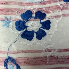 White/Brick Stripe Embroidered Floral Linen Look Fabric