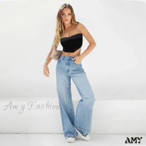 Wide Leg Denim Pockets Loose High Waist Full Length Zipper Fly Solid Color Streetwear Jean