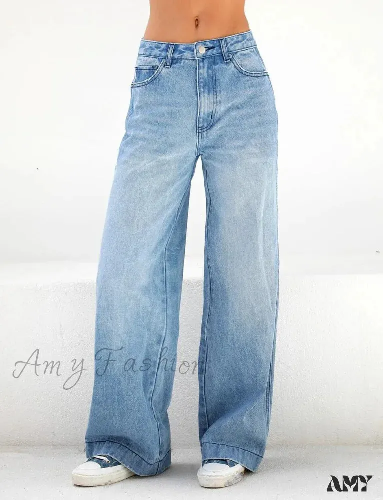 Wide Leg Denim Pockets Loose High Waist Full Length Zipper Fly Solid Color Streetwear Jean