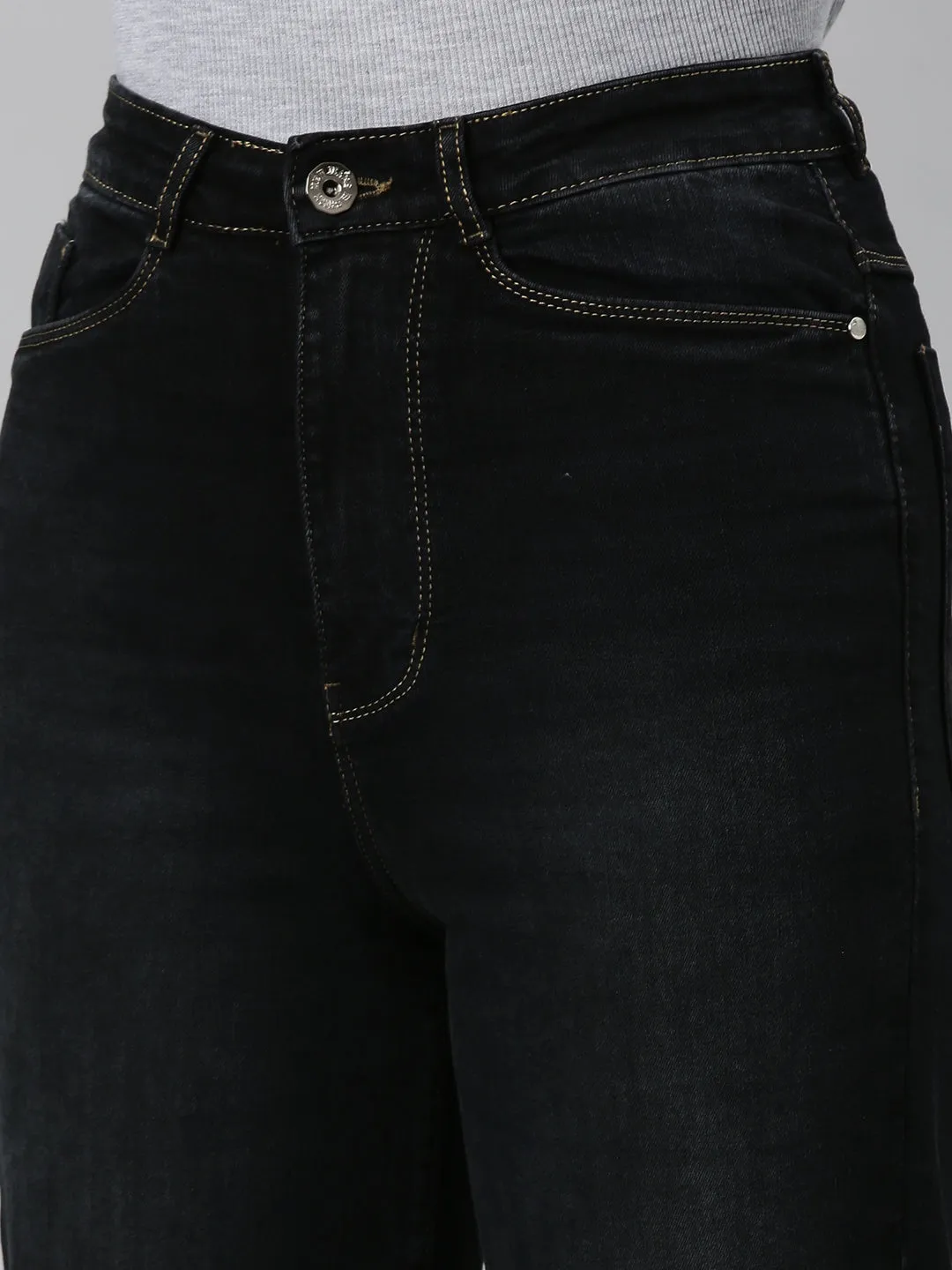 Women Black Solid Wide Leg Denim Jeans