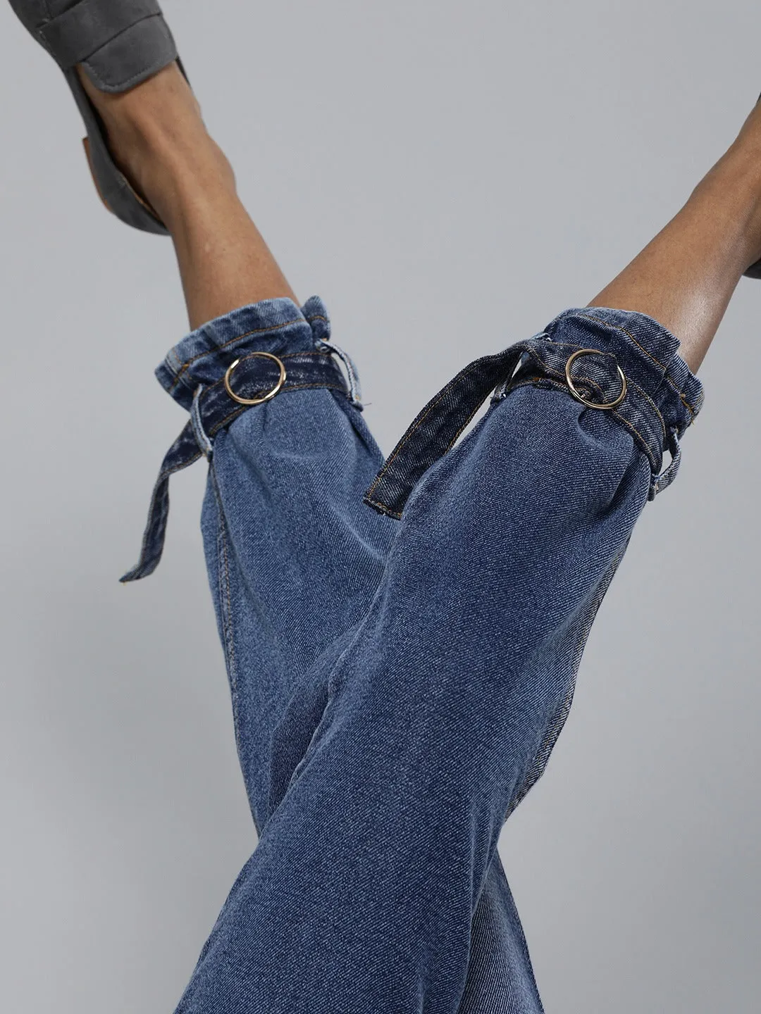 Women Blue Ring Detail High Waisted Jeans