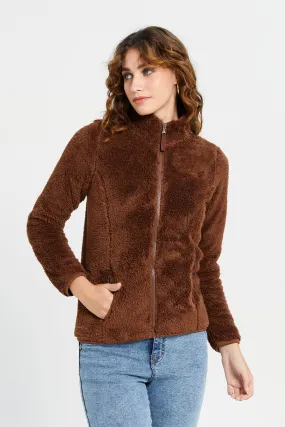 Women Brown High Neck Fur Jacket