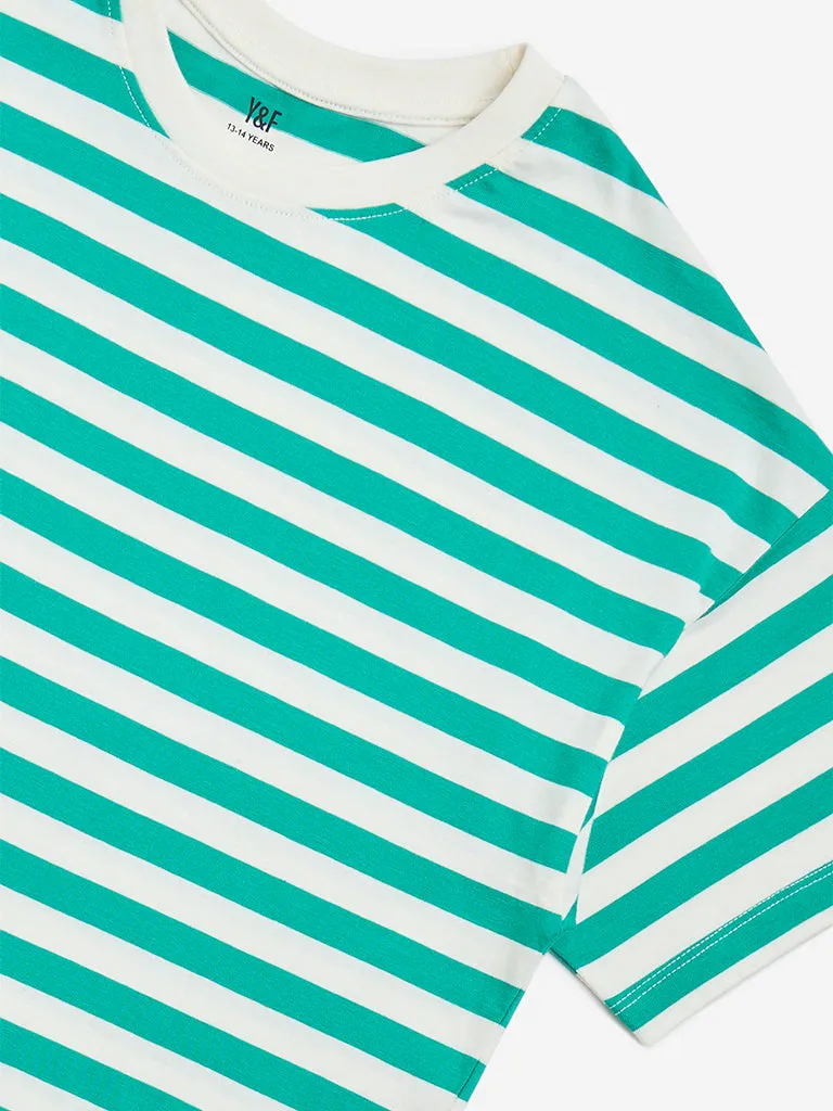 Y&F Kids Green Striped Cotton T-Shirt