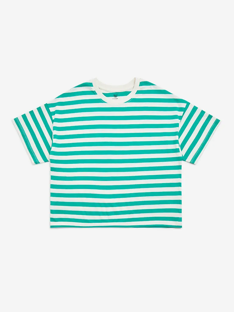 Y&F Kids Green Striped Cotton T-Shirt