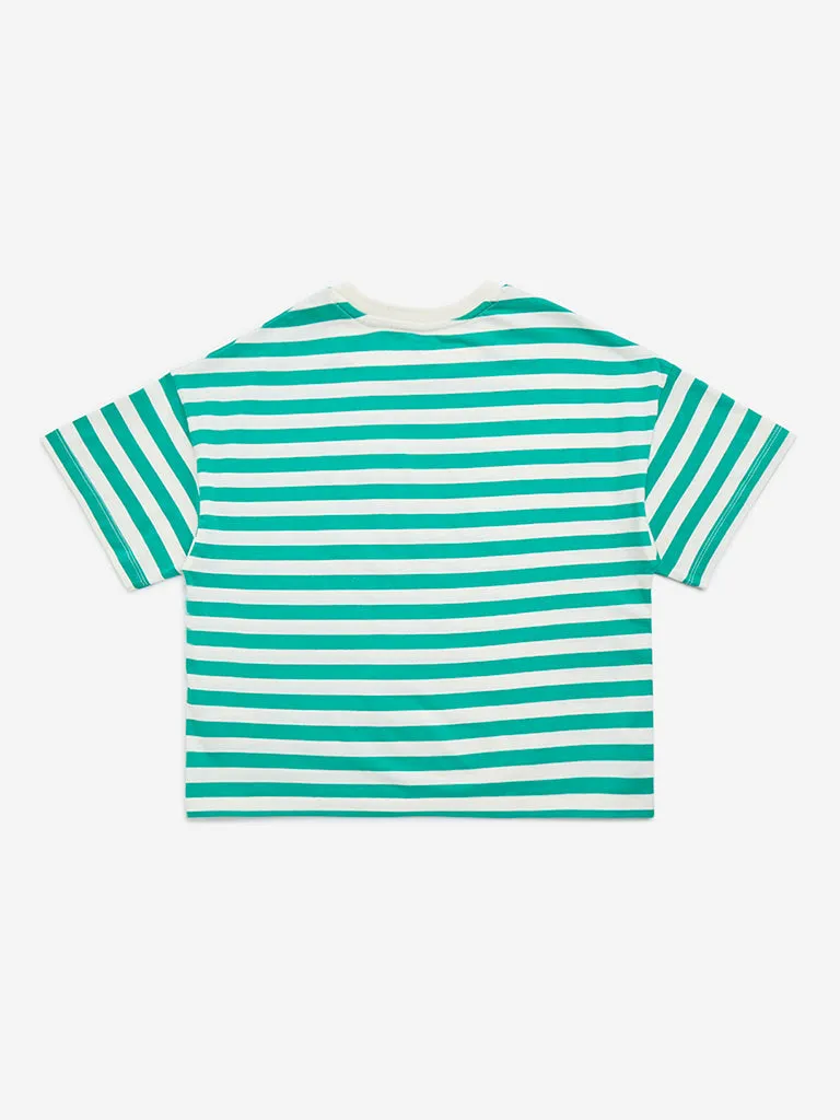 Y&F Kids Green Striped Cotton T-Shirt